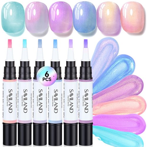 SAVILAND Express One-Step Gel Nail Polish Pens Set: 6 Pearl Pink Blue Colors 3 in 1 Gel Polish Set Base & Color Gel & Top in a Pen for Aurora Effect Easy to Use Travel 4ml (U V Lamp Needed)