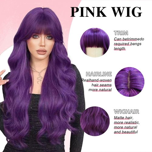 NOSTALGIA Purple Wig with Bangs Long Purple Wavy Wigs for Women 26 Inch Dark Purple Wigs Natural Looking Heat Resistant Synthetic Wig for Daily Party Use