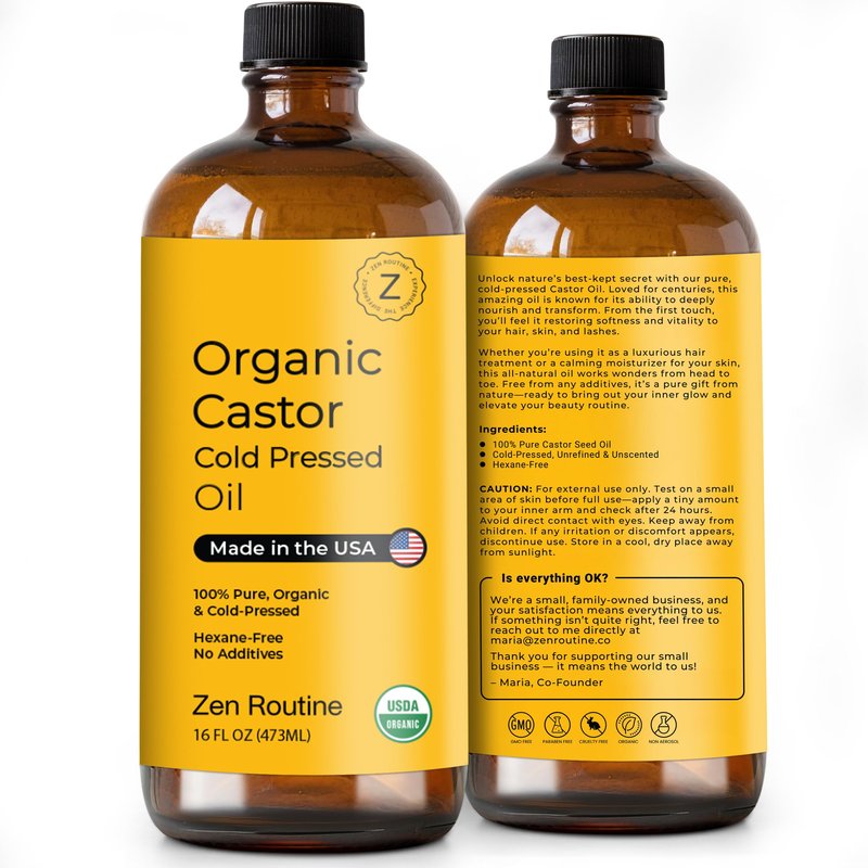 Zen Routine Organic Golden Castor Oil Glass Bottle 16oz (Single) — Hexane Free – Cold Pressed Unrefined – For Hair Growth, Lashes & Castor Pack Wrap – USDA Certified — Made in USA