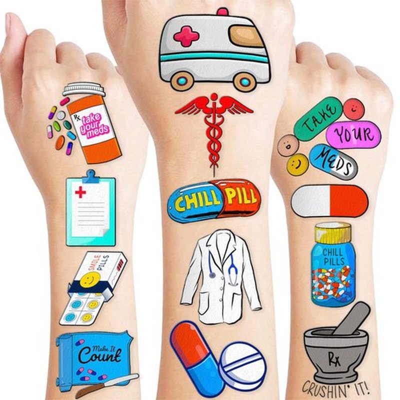 96PCS Funny Future Pharmacy Temporary Tattoos Happy Birthday Party Decorations Supplies Favors Decor Doctor Nurse Pharmacist Tattoo Stickers Gifts For Graduation Kids Adults Boys Girls Prizes Carnival