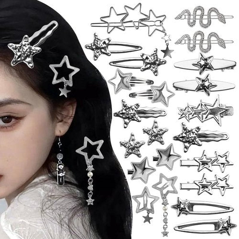 22 Pcs Silver Hair Clips Metal Star Barrettes, 13 Shapes Hairpin Barrettes, Goth Hair Pins Set, Punk 2000s Hair Accessories for Women and Girls Styling Star Hairpin (22 PCS)