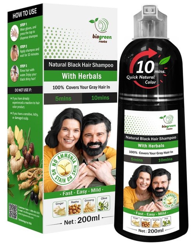 BIOGREEN ROOTS Ammonia-Free & Paraben Free Herbal Hair Shampoo - Hair Dye Shampoo for Women & Men - Natural Color & Herbal Nourishment - No Stain on Skin - Natural Black (200 ml)