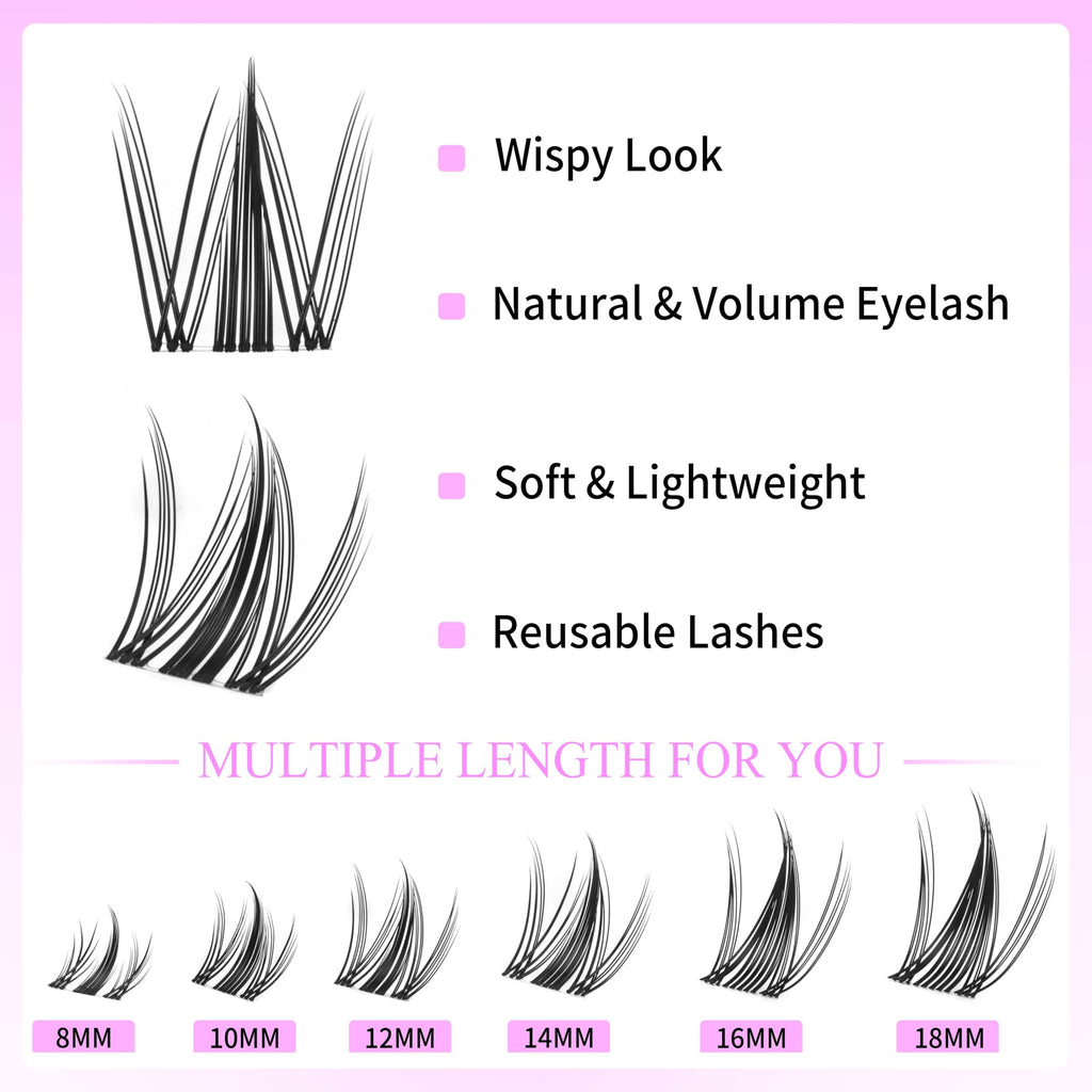 VEYESBEAUTY Manga Lash Clusters Eyelash Extensions Thin & Invisible Band DIY Individual False Eyelashes Newbie's Five-Second Series Wispy Lash Tray for Self-application, Lashes 8-18mm Mixed Length