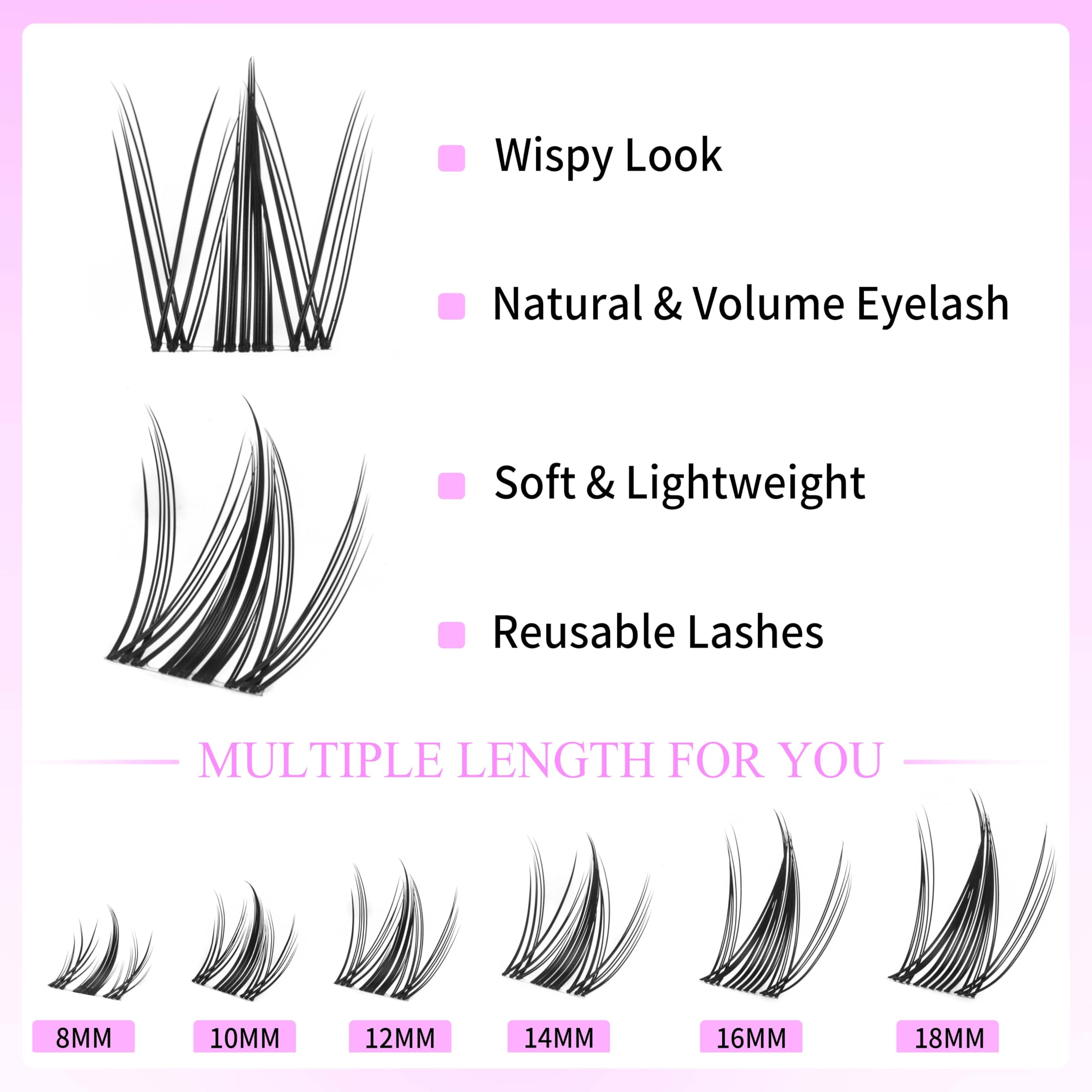 VEYESBEAUTY Manga Lash Clusters Eyelash Extensions Thin & Invisible Band DIY Individual False Eyelashes Newbie's Five-Second Series Wispy Lash Tray for Self-application, Lashes 8-18mm Mixed Length