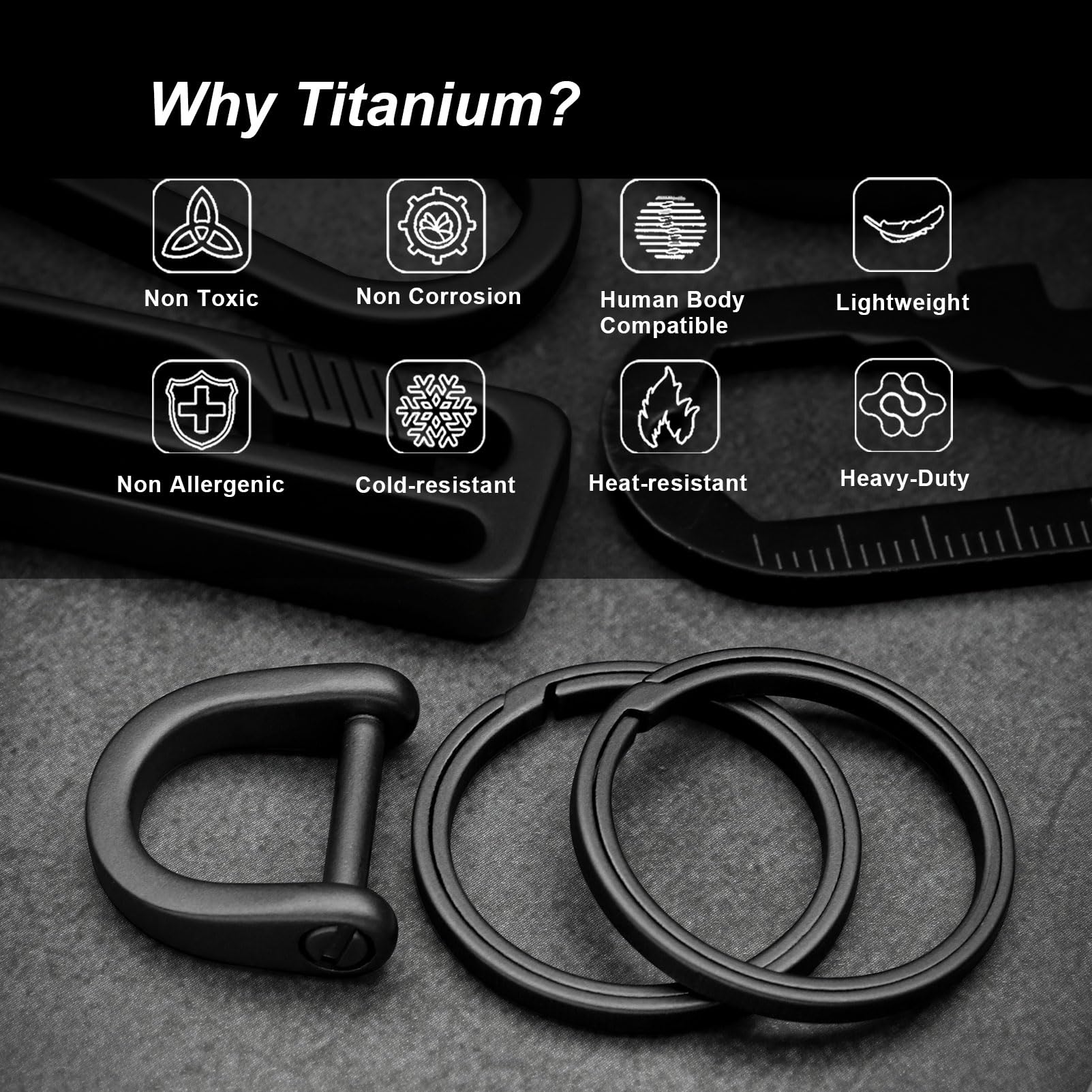 PJYTAC Titanium Keychain Rings Heavy Duty Side Push Key Rings for Car Keys Easy Quick Release EDC Split Keyrings (1, Black, Medium)