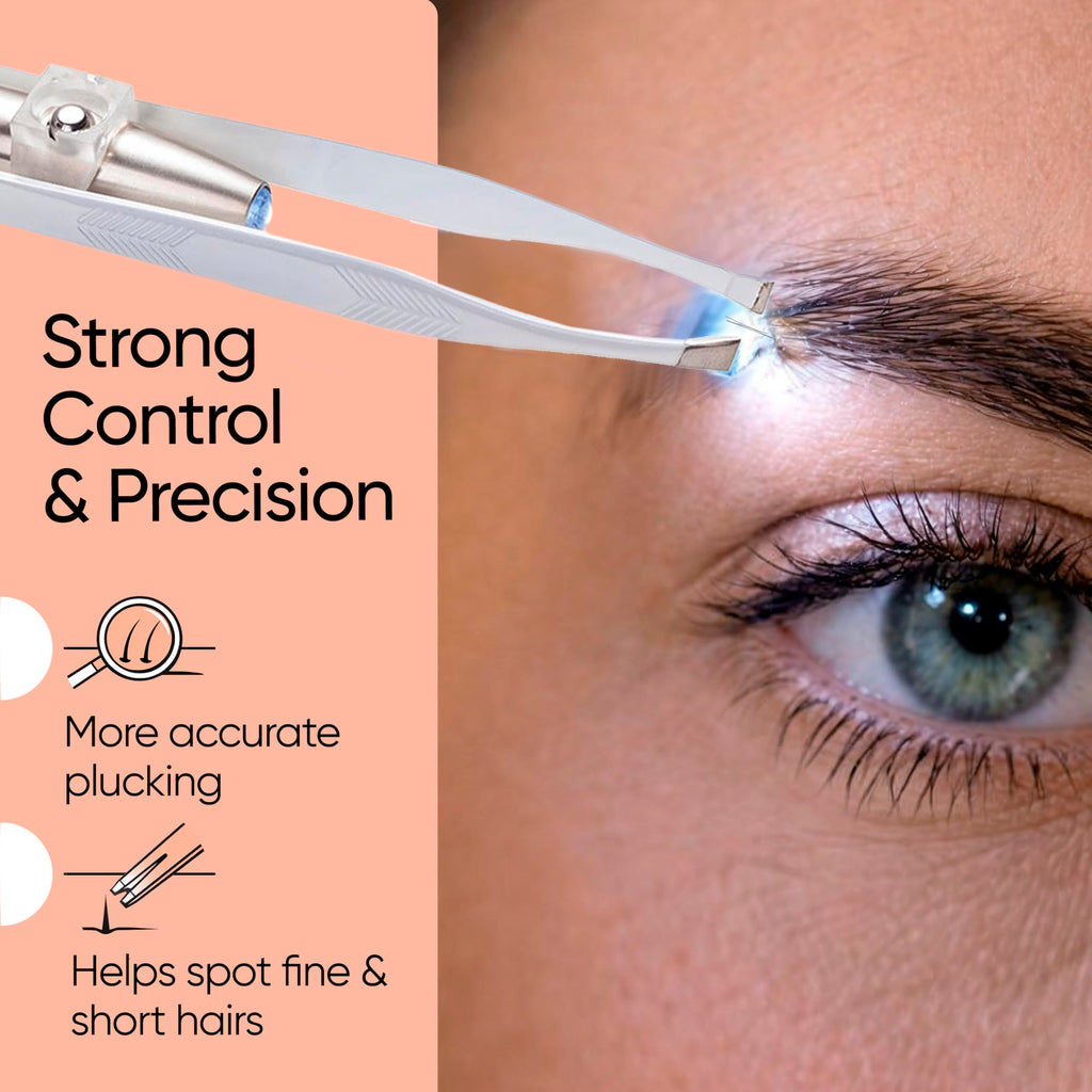 Sensica Eyebrow Tweezers with Light – LED Lighted Tweezers for Women Facial Hair – Precision Eyebrow Plucking Slant Tip Stainless Steel Tweezer with Long Arms & 3 Extra Batteries