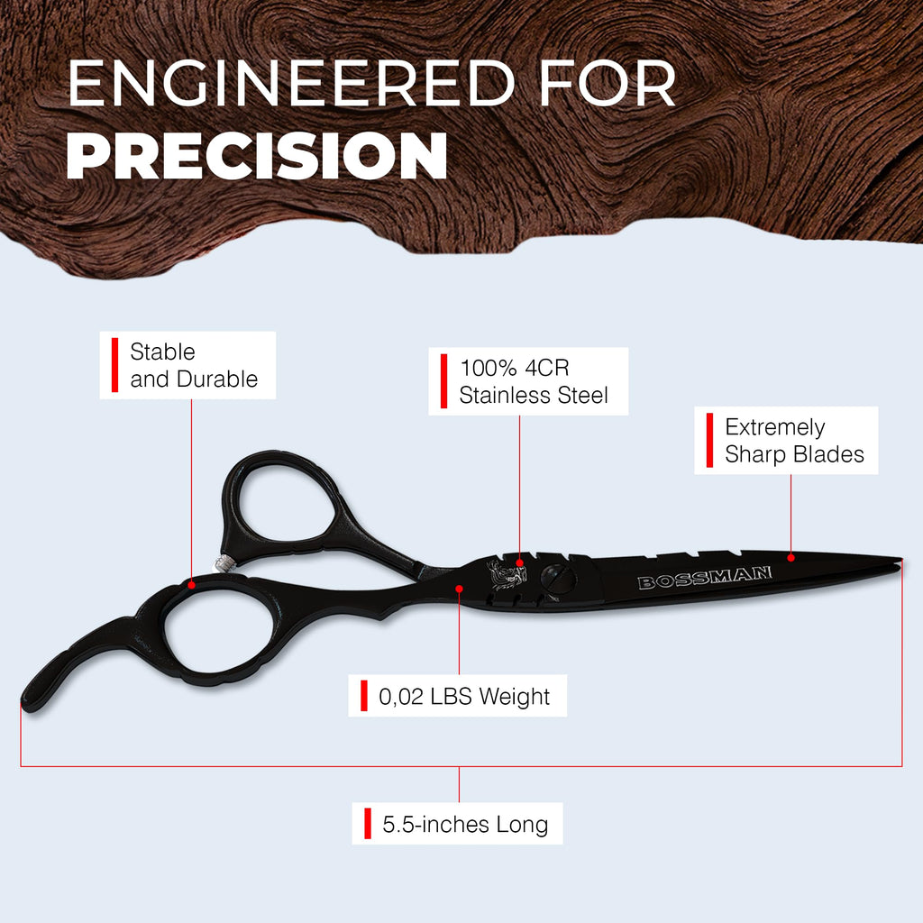 Bossman Professional Barber Scissors - 5.5 inch - Black Stainless Steel Hair Shears - Beard and Mustache Scissors for Men - Barber Shears for Hair Cutting and Trimming