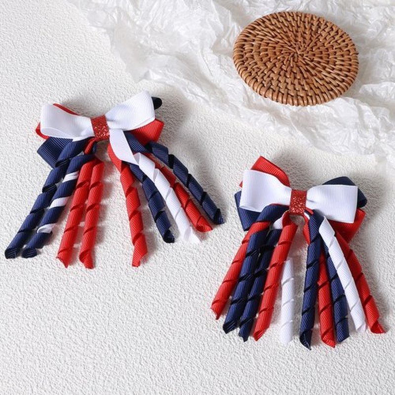 SUPCLIPS Independence Day Hair Bow Clips 3 Inch Red White Navy Blue Curly Ribbon Hair Clips Handmade School Girls Hair Accessories for 4th of July