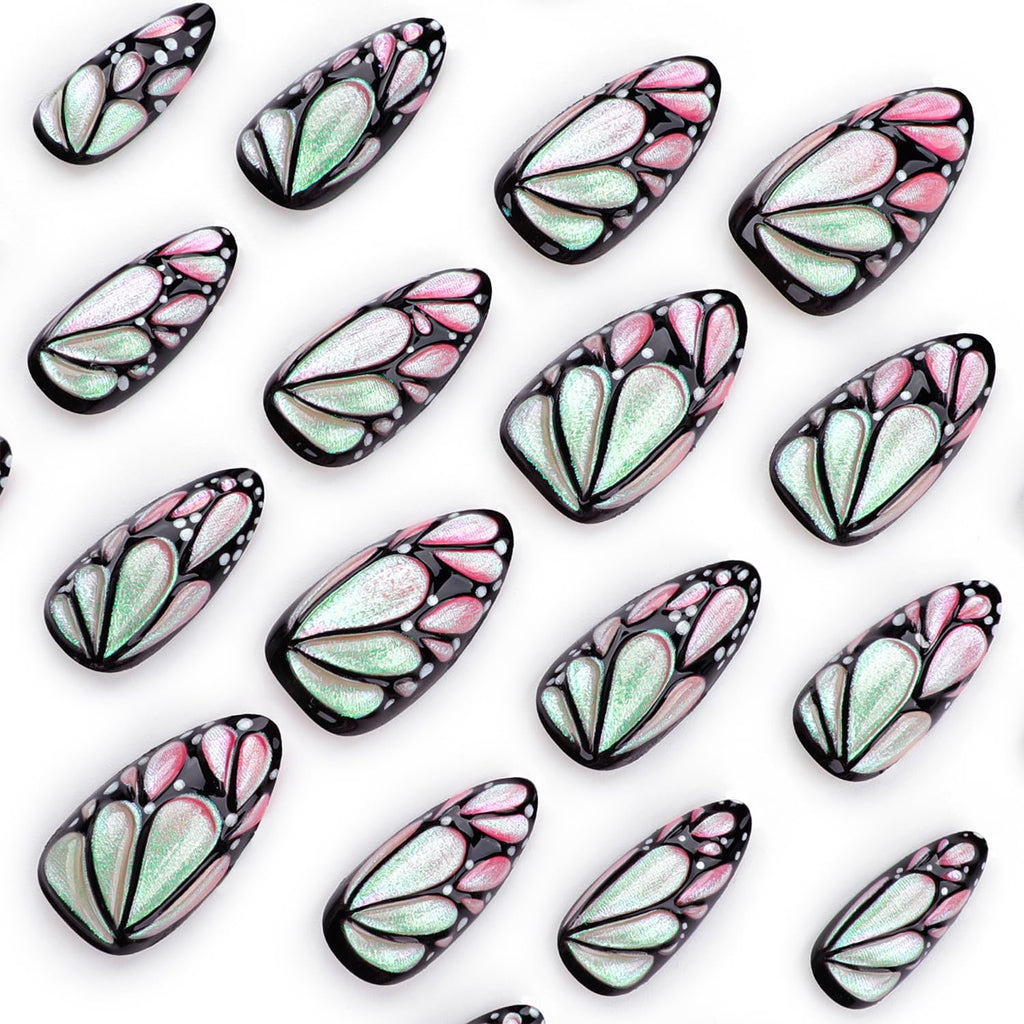 Vopintpy 3D Butterfly Pattern Press on Nails Medium Almond Fake Nails with Design Glossy Acrylic Glue on Nails Full Cover Stick on Nails for Women DIY Charm Manicure Decor