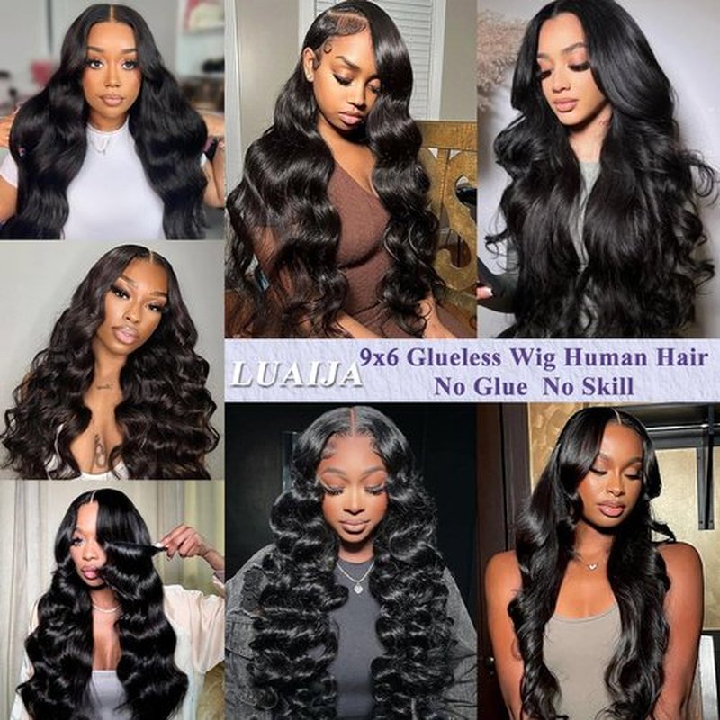 LuAiJa 26 Inch Wear and Go Glueless Wigs Human Hair Pre Plucked Pre Cut 9x6 Lace Front Wigs Human Hair Black Body Wave Wigs for Black Women Glueless Wigs 200 Density With Baby Hair