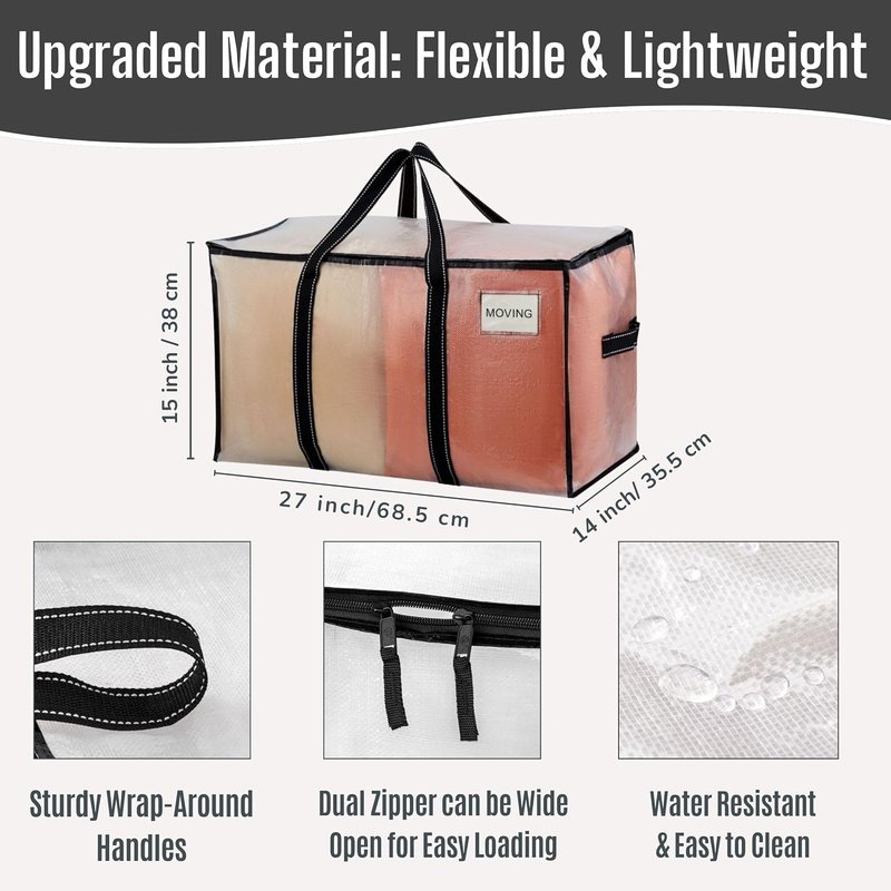 VENO Clear Moving Bags - 90L Extra Large Transparent Storage Totes | Heavy-Duty, Reinforced Handles & Zippers