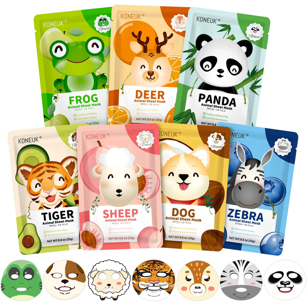 KONEUK 7 Pack Animal Hydrating Face Mask for Kids, Bulk Face Masks Skincare for Girls Teens, Kids Skin Care Set and Spa Day Kit, Spa Party Supplies for Girls