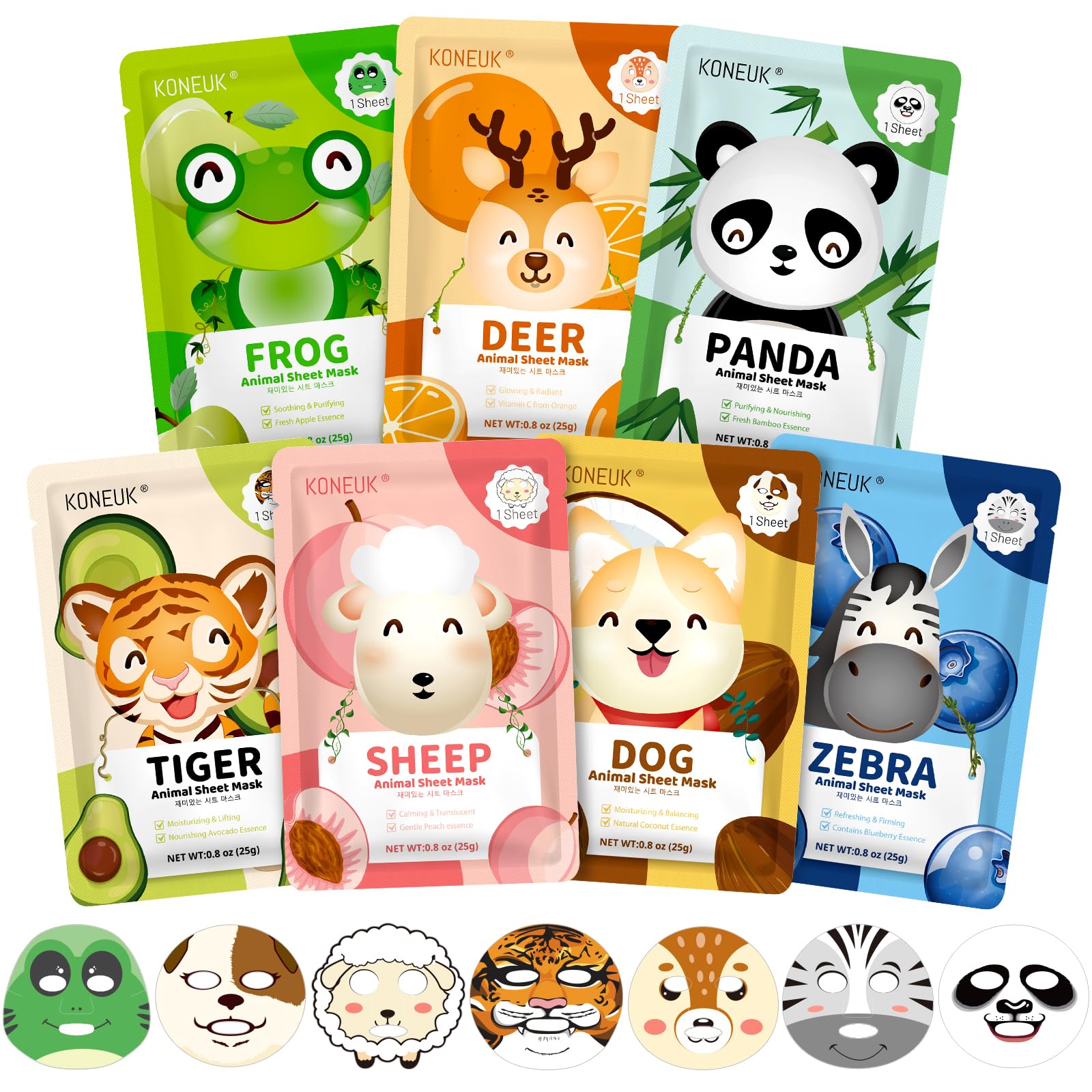 KONEUK 7 Pack Animal Hydrating Face Mask for Kids, Bulk Face Masks Skincare for Girls Teens, Kids Skin Care Set and Spa Day Kit, Spa Party Supplies for Girls