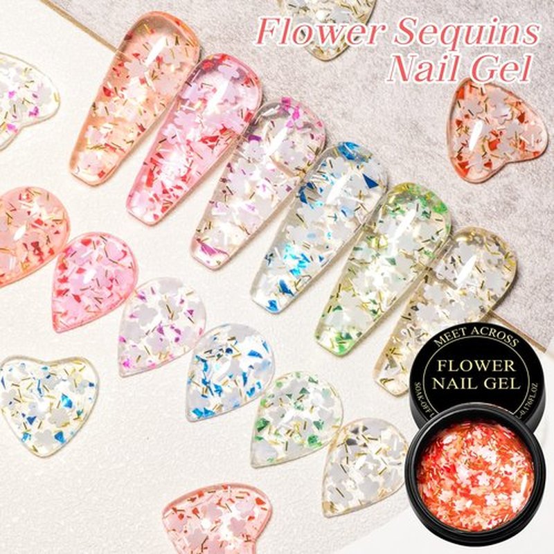 Flower Glitter Gel Nail Polish Set - 6 Pcs Diamond Sequins Style Gold Blue Green Clear Pink Jelly Gel Nail Polish Set with Flower, Crystal Transparent Gel Polish Nail Art Manicure Kit