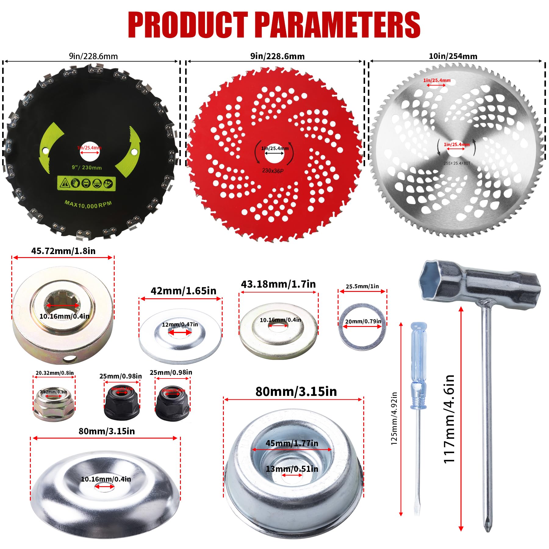 9" x 36 Teeth Carbide Tipped Blades & 9" x20T Carbon Steel Round Chainsaw Tooth Blades & 10" x 80T Brush Cutter Trimmer Blades with Adapter Kit