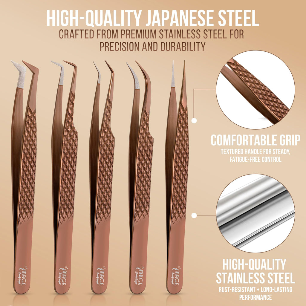 5 Pcs Fiber-Tip Japanese Steel Lash Tweezer Set with Leather Case, Professional Eyelash Tweezers for Lash Extensions – Titanium Coated, 90 & 45 Angled, Precision Pointed Tweezers (METALIC-ROSE)