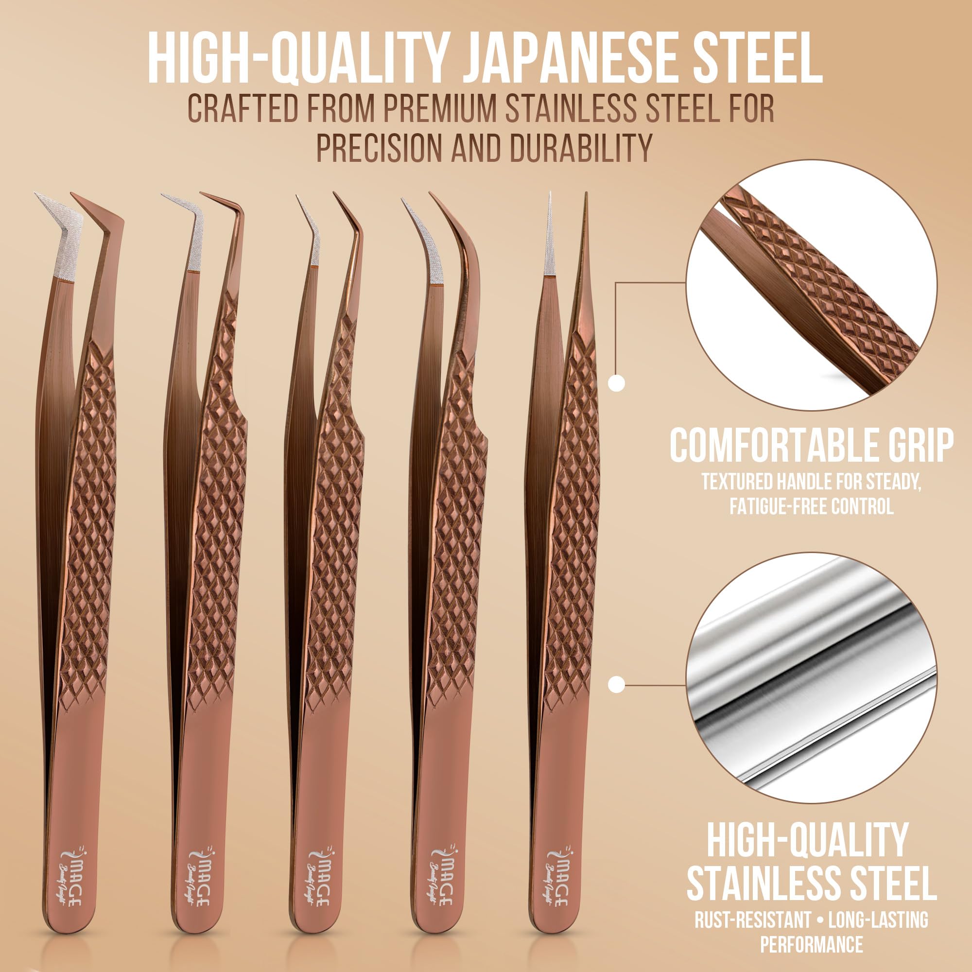 5 Pcs Fiber-Tip Japanese Steel Lash Tweezer Set with Leather Case, Professional Eyelash Tweezers for Lash Extensions – Titanium Coated, 90 & 45 Angled, Precision Pointed Tweezers (METALIC-ROSE)