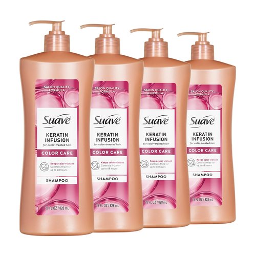 Suave Keratin Infusion Color Care Shampoo For Color Treated Hair, Anti Fade & 48HR Frizz Control, Smooths & Adds Shine, 28 FL OZ Pump, 4 Count