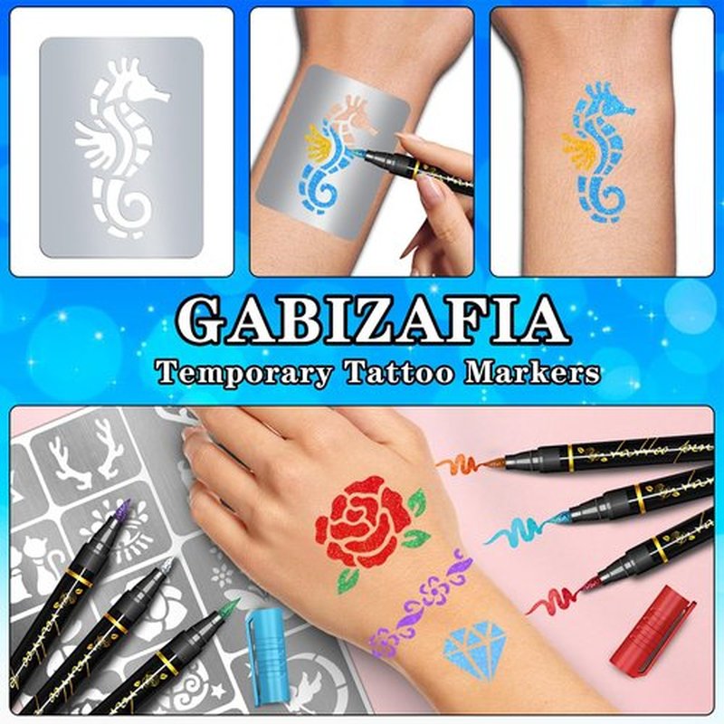 Temporary Tattoo Markers for Skin, 12 Metallic Markers + 160 Tattoo Stencils, Tattoo Markers for Kids Adults Women Teens Body Markers, Cosmetic Tattoo Pens for Skin DIY Body Art Face Painting