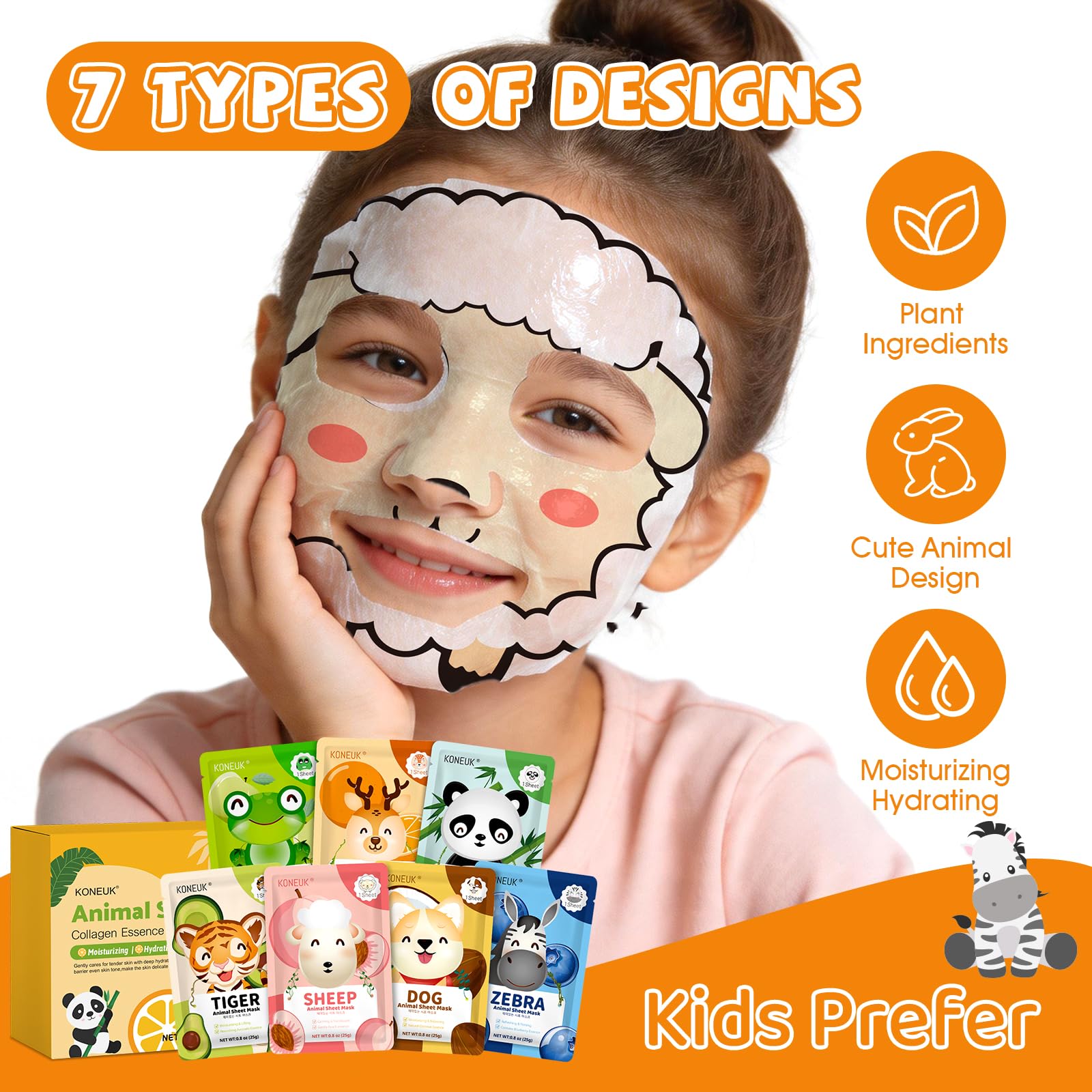 KONEUK 7 Pack Animal Hydrating Face Mask for Kids, Bulk Face Masks Skincare for Girls Teens, Kids Skin Care Set and Spa Day Kit, Spa Party Supplies for Girls