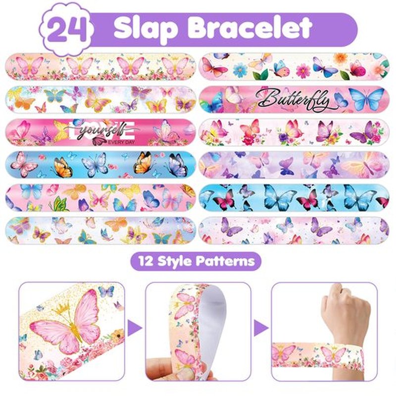 48 PCS Butterfly Party Set: 24 PCS Temporary Tattoos & 24 PCS Slap Bracelets - Cute Butterfly-Themed Gifts for Kids, Girls, Boys - Birthday Parties, Baby Showers, Classroom Rewards, Party Decorations
