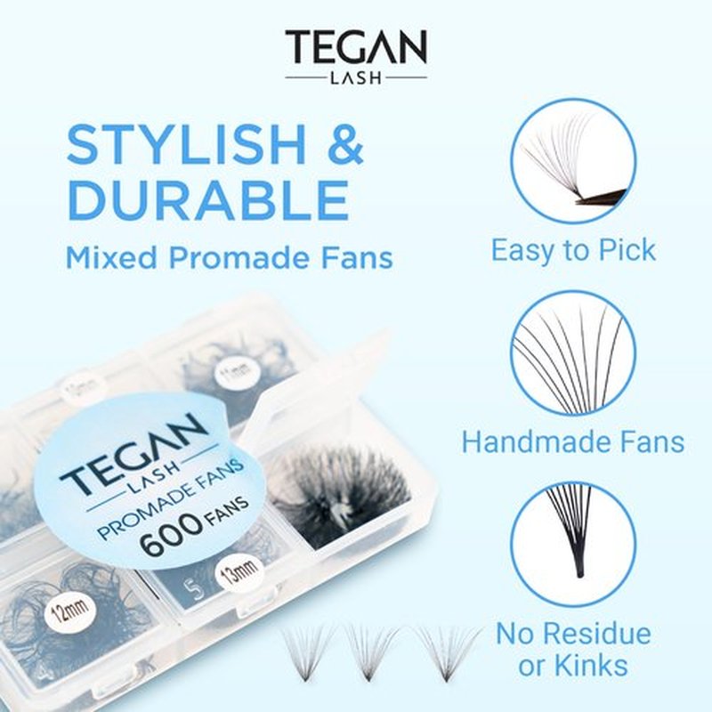 TEGAN LASH Promade Fan Mix Eyelash Extensions, From 3D - 16D, 0.03/0.05/0.07, C/CC/D, 9-15mm, Pre Made Eyelash, Easy Apply Premade False Eyelashes, Pestañas Abanicos Extensiones (3D, 0,07, CC, Mix)