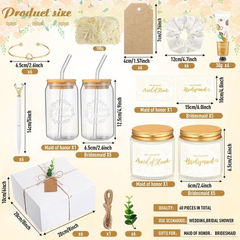 Teenyyou 60 Pcs Bridesmaid Proposal Gifts Bridesmaid Box Set, Maid of Honor Gifts Include Box Glass Cup Candle Cards Hair Ties Knotted Bracelets Hand Cream Diamond Pens(White)