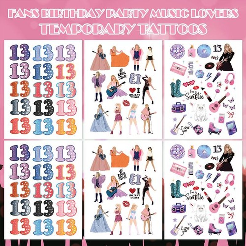 Papiailove Singer Music Glitter Temporary Tattoos for Women Girls Fans, Birthday Party Favors Goodie Bag Fillers Supplies, Number 13 Hand Face Body Arm Tattoo Stickers Decorations Gifts (6 Sheets)