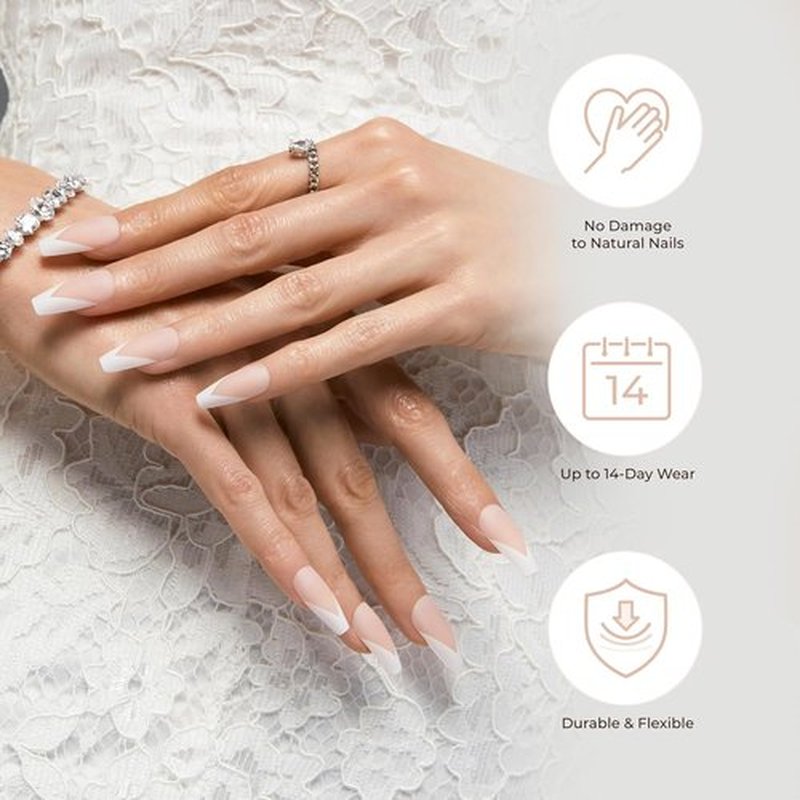 KISS Classy French Nail Manicure Kit - Coffin Shaped, Gel Finish, 28 Fake Nails & Accessories