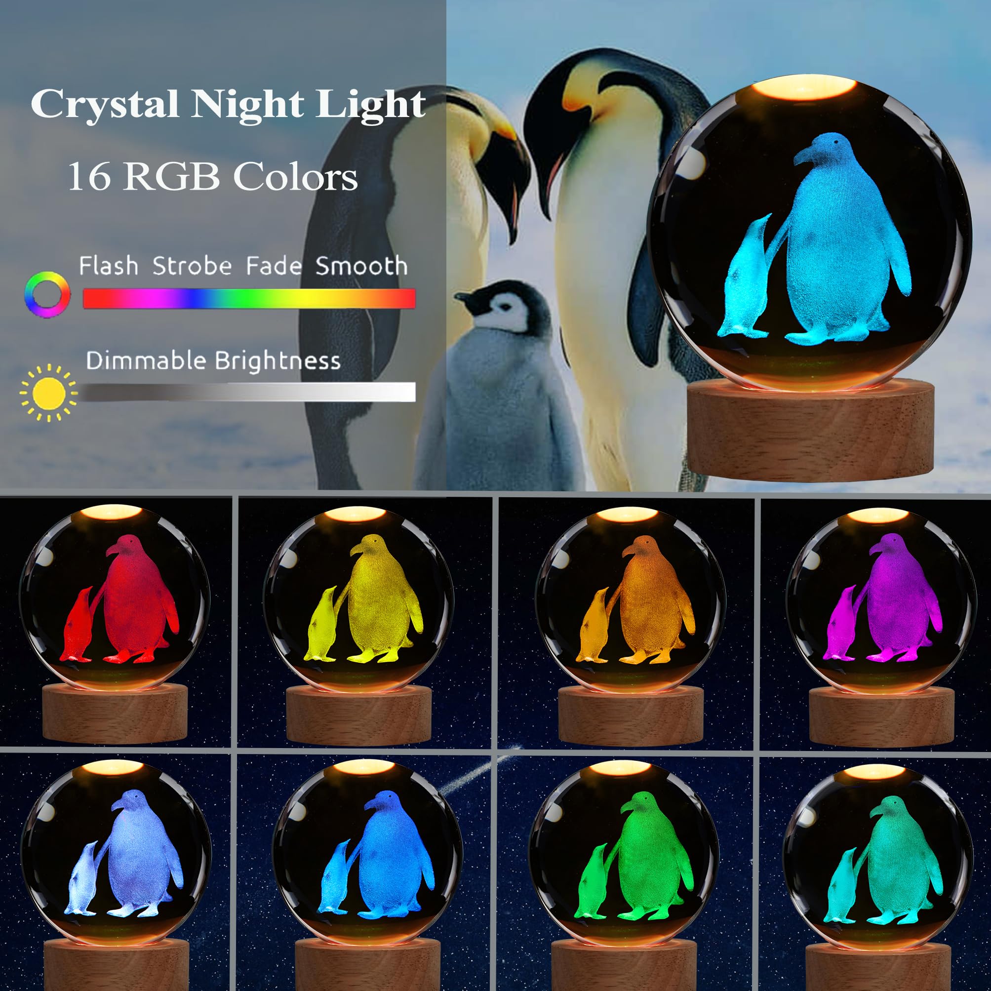 POSSHE Penguin Night Light, Penguin Gifts, K9 3.15 Inch (80mm) Crystal Ball Night Light with 16 Colors Remote Upgraded Lamp for Birthday Xmas Cool Animal Figurines Gifts for Room Decor Boys Girls