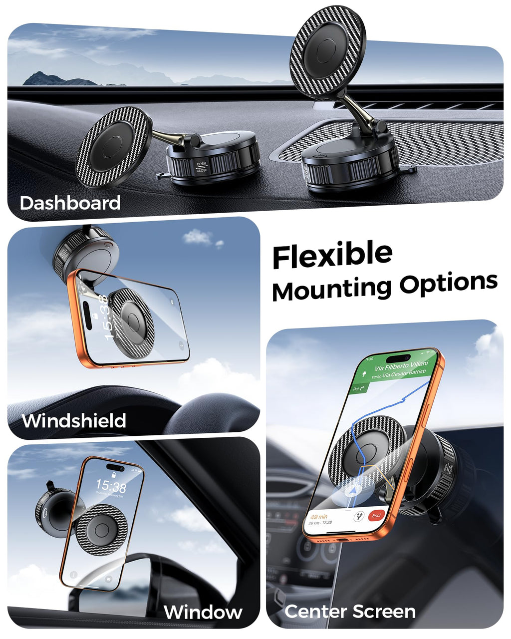 Car Phone Holder for Magsafe – [Carbon Fiber] Phone Mount for Car [Super Strong Magnetic, 360° Adjustable, 108LBS Vacuum Suction] Phone Holders for Your Car, Car Accessories for iPhone 17–12 Series