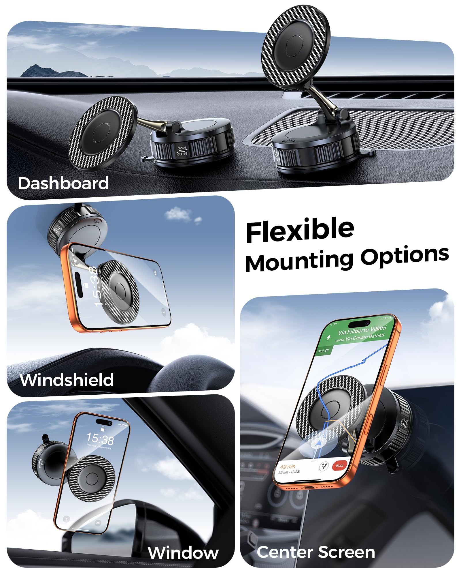 Car Phone Holder for Magsafe – [Carbon Fiber] Phone Mount for Car [Super Strong Magnetic, 360° Adjustable, 108LBS Vacuum Suction] Phone Holders for Your Car, Car Accessories for iPhone 17–12 Series