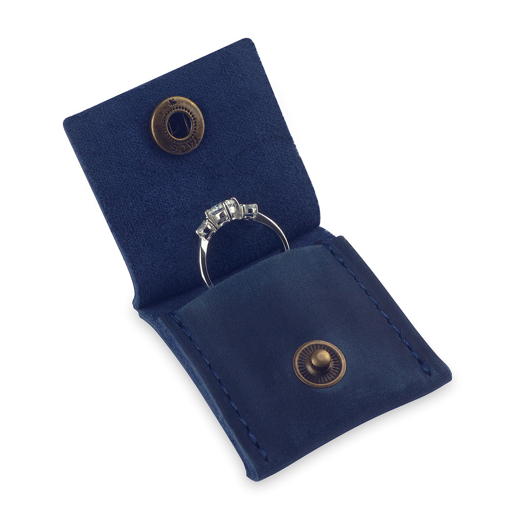 Leather Keychain Ring Holder, Wedding Ring Travel Case, Engagement Ring Holder, Ring Pouch Bag, Workout and Gym Ring Holder, Small Soft Leather Ring Bearer (Blue)
