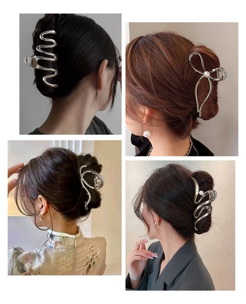 HAIMEIKANG 4 PCs Metal Hair Claw Clips - Irregular Large Clips for Women, Non-Slip Styling Accessories for Thick and Thin Hair (Silver)