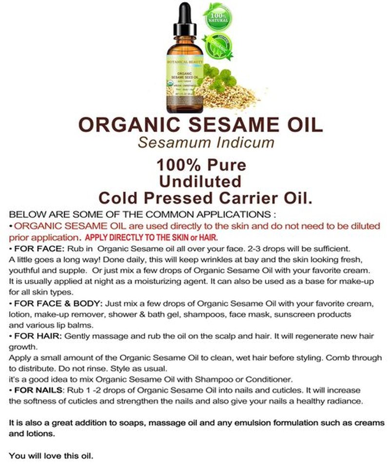 Botanical Beauty Organic SESAME SEED OIL 100% Pure Natural Virgin Unrefined Undiluted Cold Pressed Carrier Oil for Face, Skin, Body, Hair, Massage, Nails (4 Fl Oz 120 ml)