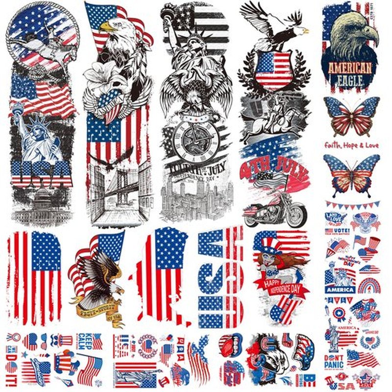 CHARLENT 4th of July Temporary Tattoos Full & Half Arm - American Flag Tattoos for Kids Women Men Fourth of July Party Decorations and USA Party Favors,Independence Day Party Supplies