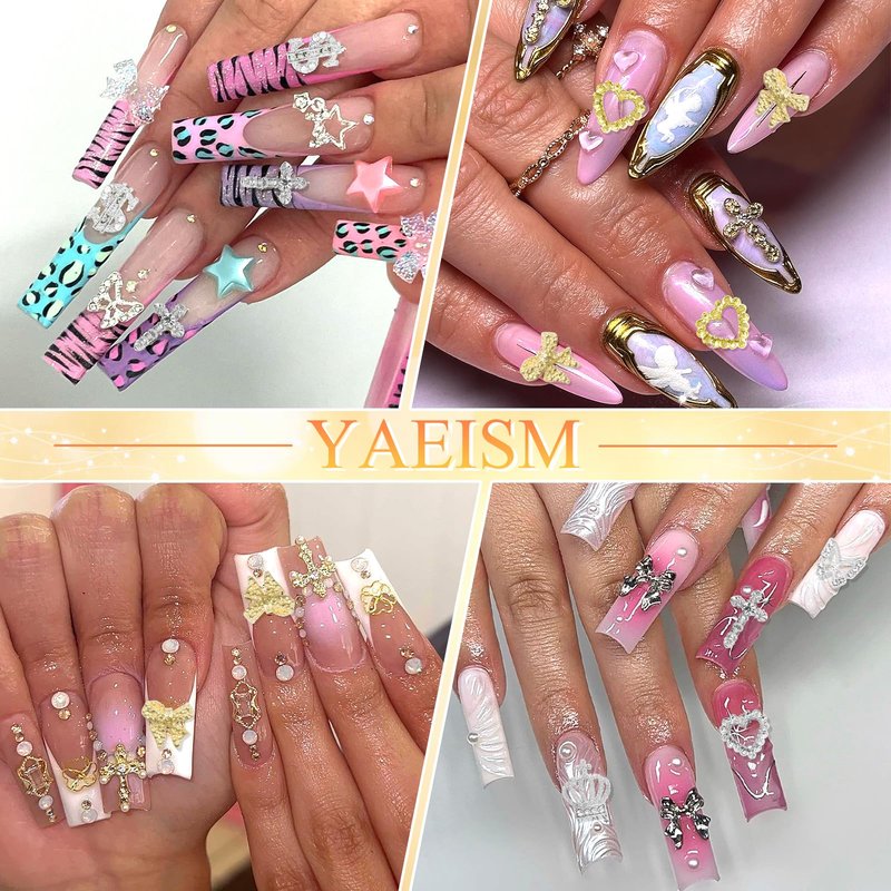 YAEISM 110PCS Gold Nail Charms 6 Types Silver Nail Charms 3D Butterfly Charms Shiny Dollar Sign Nail Charms Crystal Crown Nail Charms Alloy Heart Bow Nails for Nail Art and DIY Crafts Decoration