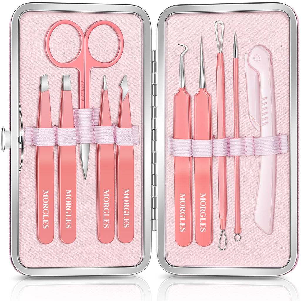 MORGLES Eyebrow Tweezers for Women Facial Hair, 10 in 1 Eyebrow Kit with Pimple Popper and Blackhead Remover Tools, Precision Ingrown Hair Tweezers Set with Travel Bag, Grooming Beauty Set