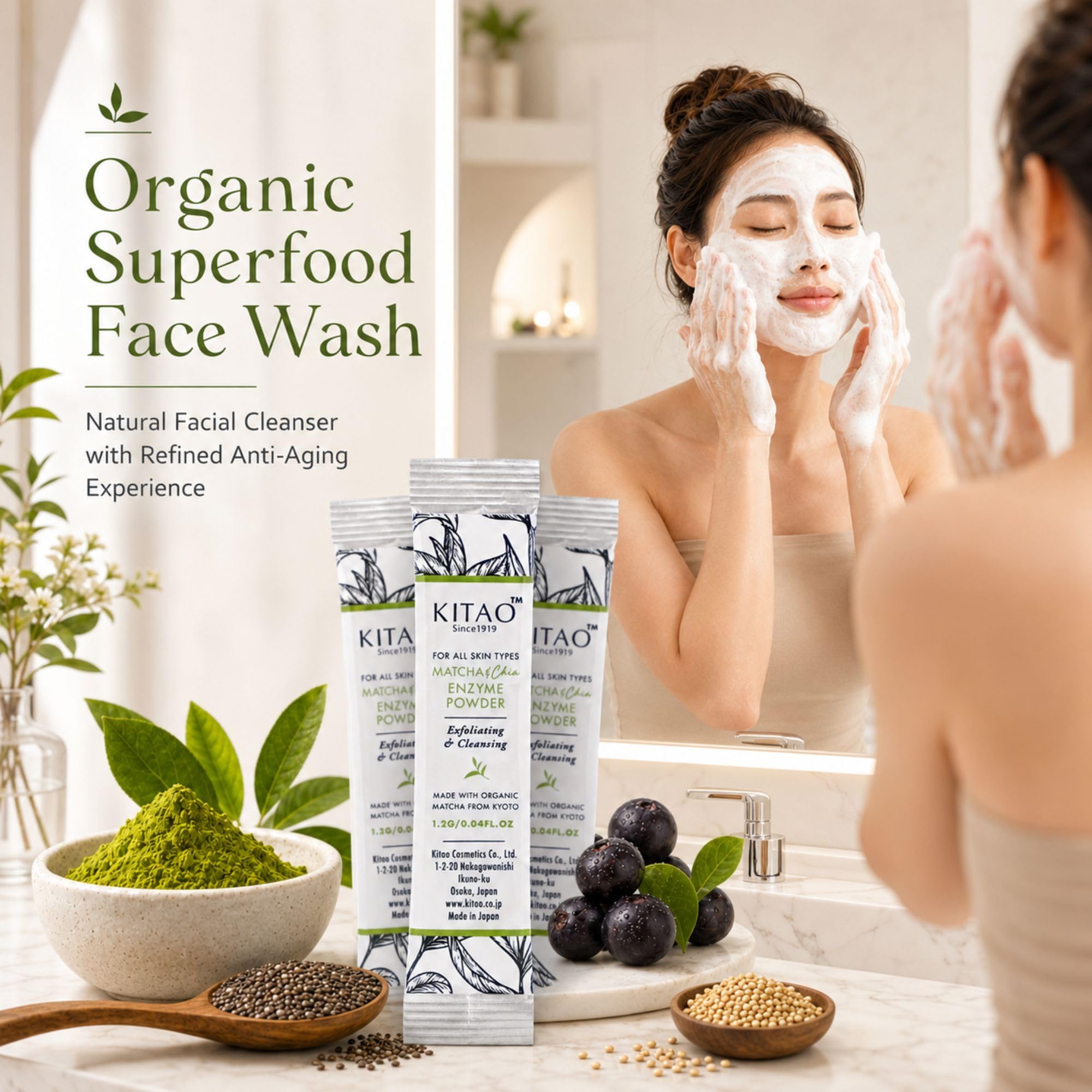 KITAO Exfoliating Enzyme Powder Face Wash for Women 30 Count, Foam Face Wash Powder Travel Size with ECOCERT Certified Matcha, Chia, Quinoa Seed& Ceramides, Foaming Facial Cleanser for Men from Japan