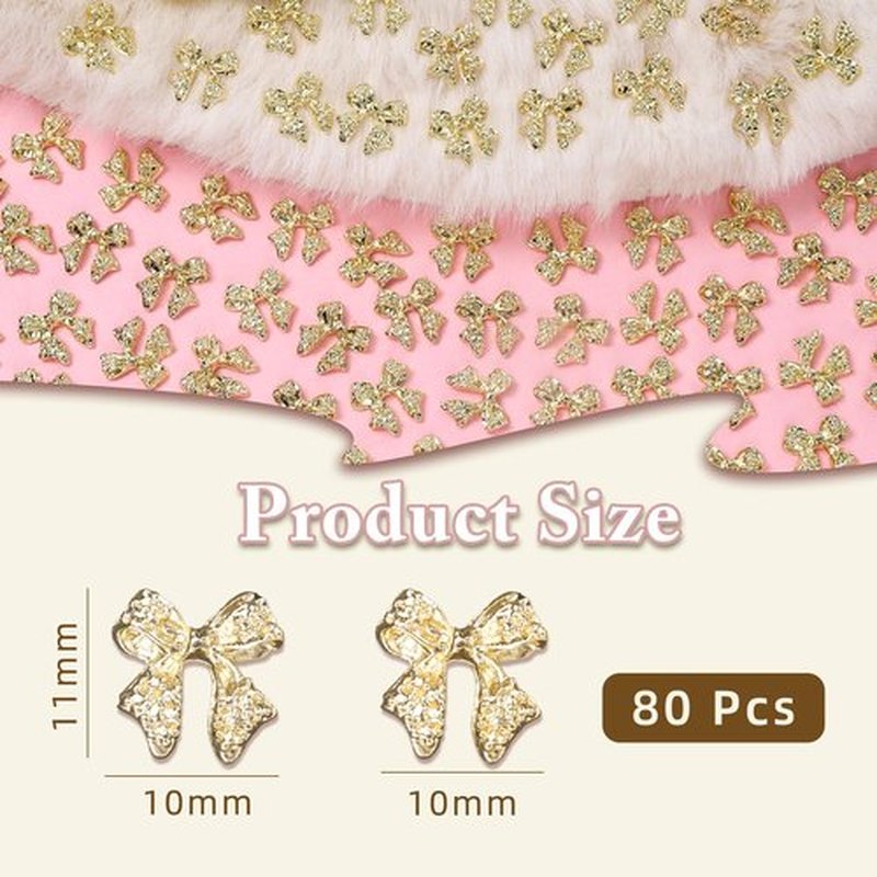 Cynailli 80 Pcs Gold 3D Bow Metal Nail Charm, Luxury Shiny Bows Nail Jewelry Charms for Alloy Nails, DIY Crafts