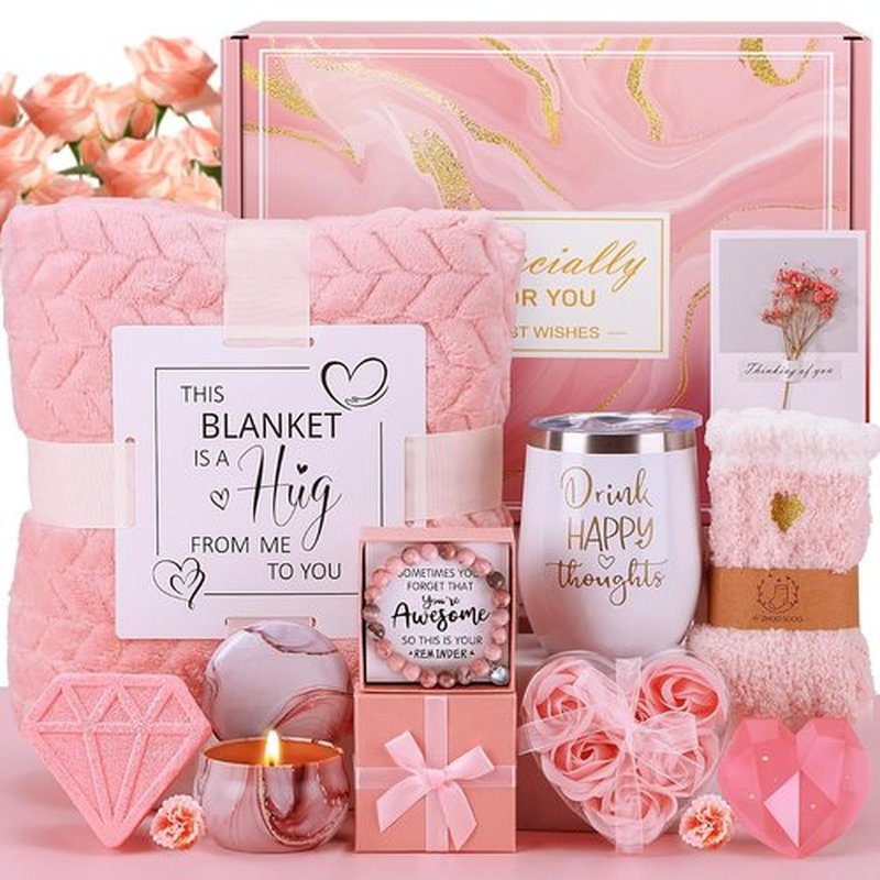 Skiennix Spa Gift Set - Relaxing Pink Self-Care Basket with Blanket | Perfect Mother's Day Gift for Women