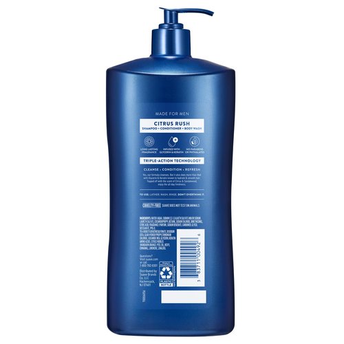 Suave Men Citrus Rush Daily Clean 3 in 1 Shampoo, Conditioner & Body Wash with Glycerin & Keratin Hydrates & Smooths Hair, Citrus Scent, 4 Count, 40 FL OZ Pump