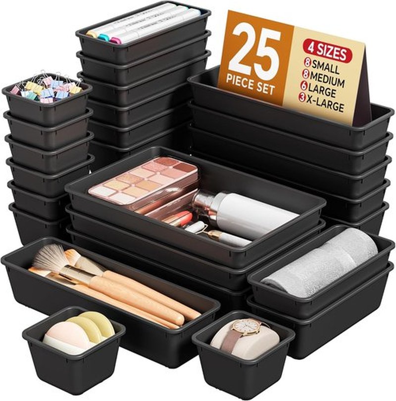 KEMETHY 25 PCS Plastic Drawer Organizers - Versatile Makeup & Desk Storage Trays | Black, 4 Sizes