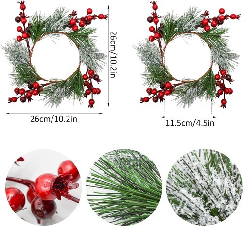 Skiennix Christmas Candle Rings - Snowy Pine Needle & Red Berry Mini Wreaths | 4PCS for Festive Home Decor