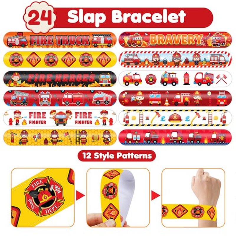 48PCS Fire Truck Party Set - 24PCS Temporary Tattoos & 24PCS Slap Bracelets - Firefighter-Themed Birthday Supplies, Baby Shower Gifts, Classroom Rewards & Party Decor for Kids (Boys & Girls)