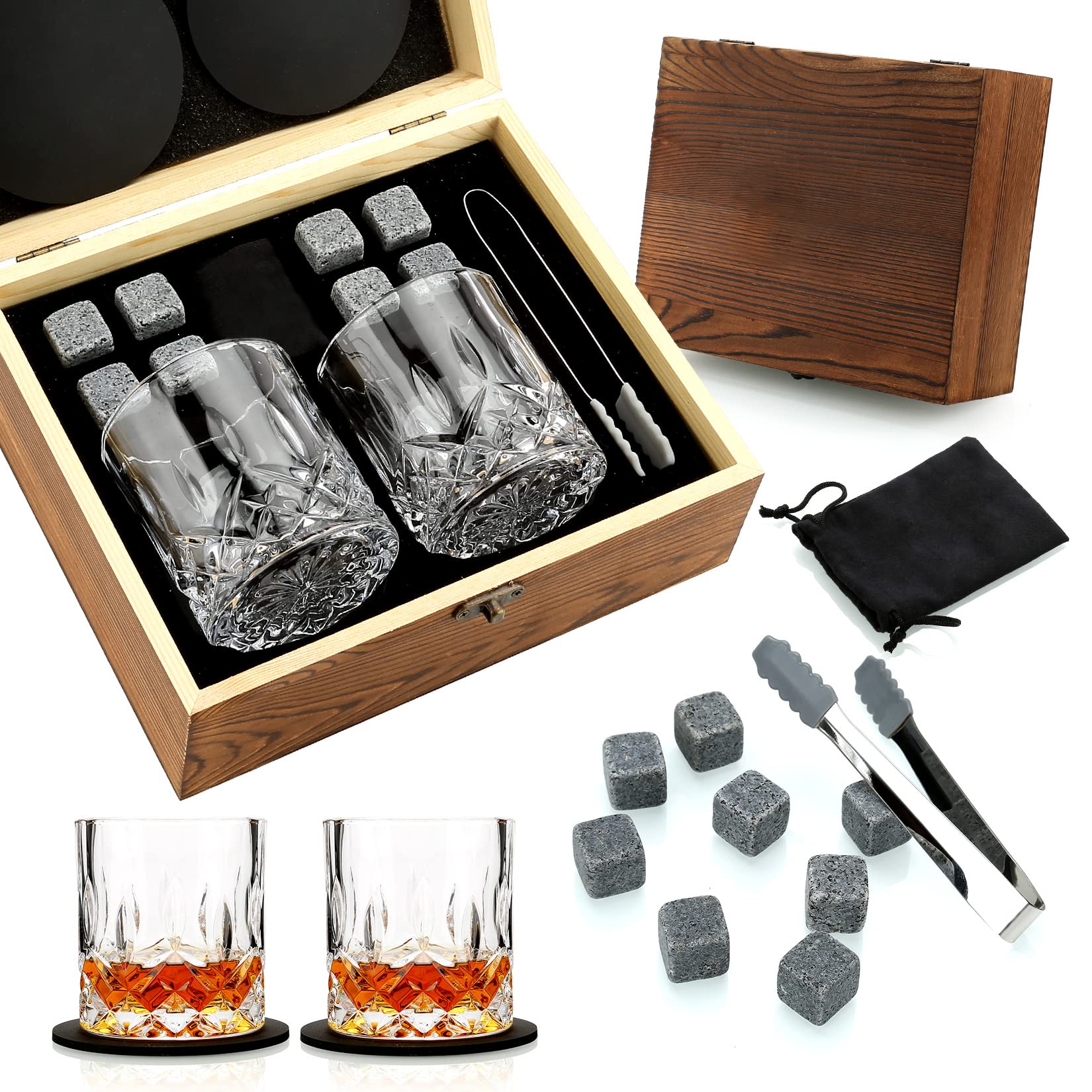 Sovyime Whiskey Stones Gifts for Men, Groomsmen Gifts, Granite Chilling Stones Bourbon Whiskey Glasses Set, Unique Birthday Gifts for Men Christmas Father's Day Valentine Retirement, 300ml
