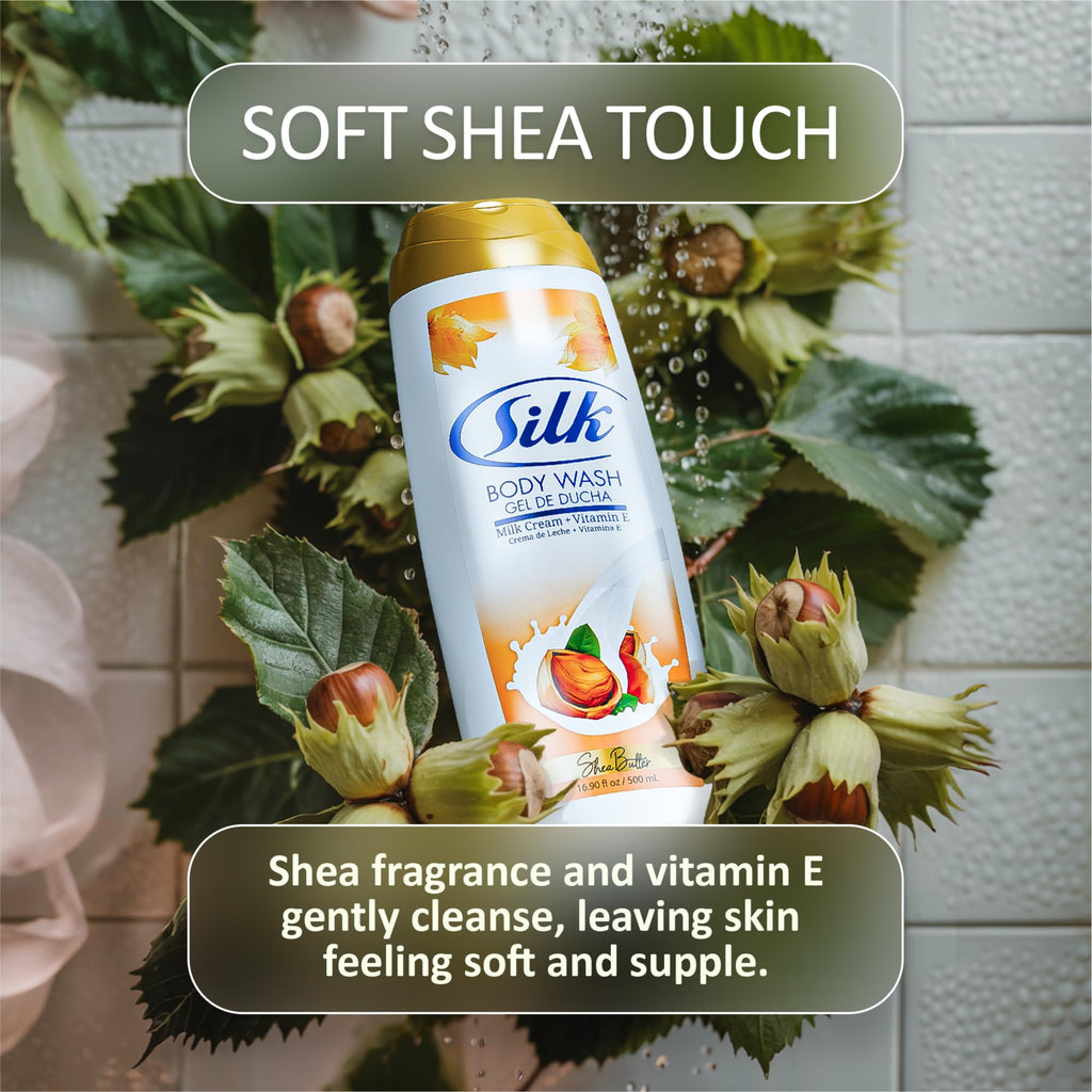 SILK Moisturizing Body Wash for Woman & Man - Daily Hydrating Shower Gel and Foaming Cleanser with Vitamin E and Glycerin, Rich Lather for Dry Skin Care, Shea Butter Scent, 16.9 Fl Oz (Pack of 4)