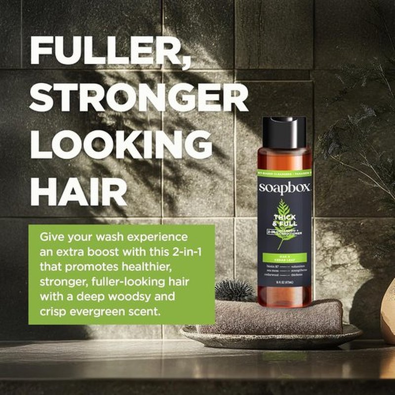 Soapbox Men's 2-in-1 Shampoo and Conditioner - Natural Oak & Cedar Leaf, 16oz for Thick, Full Hair