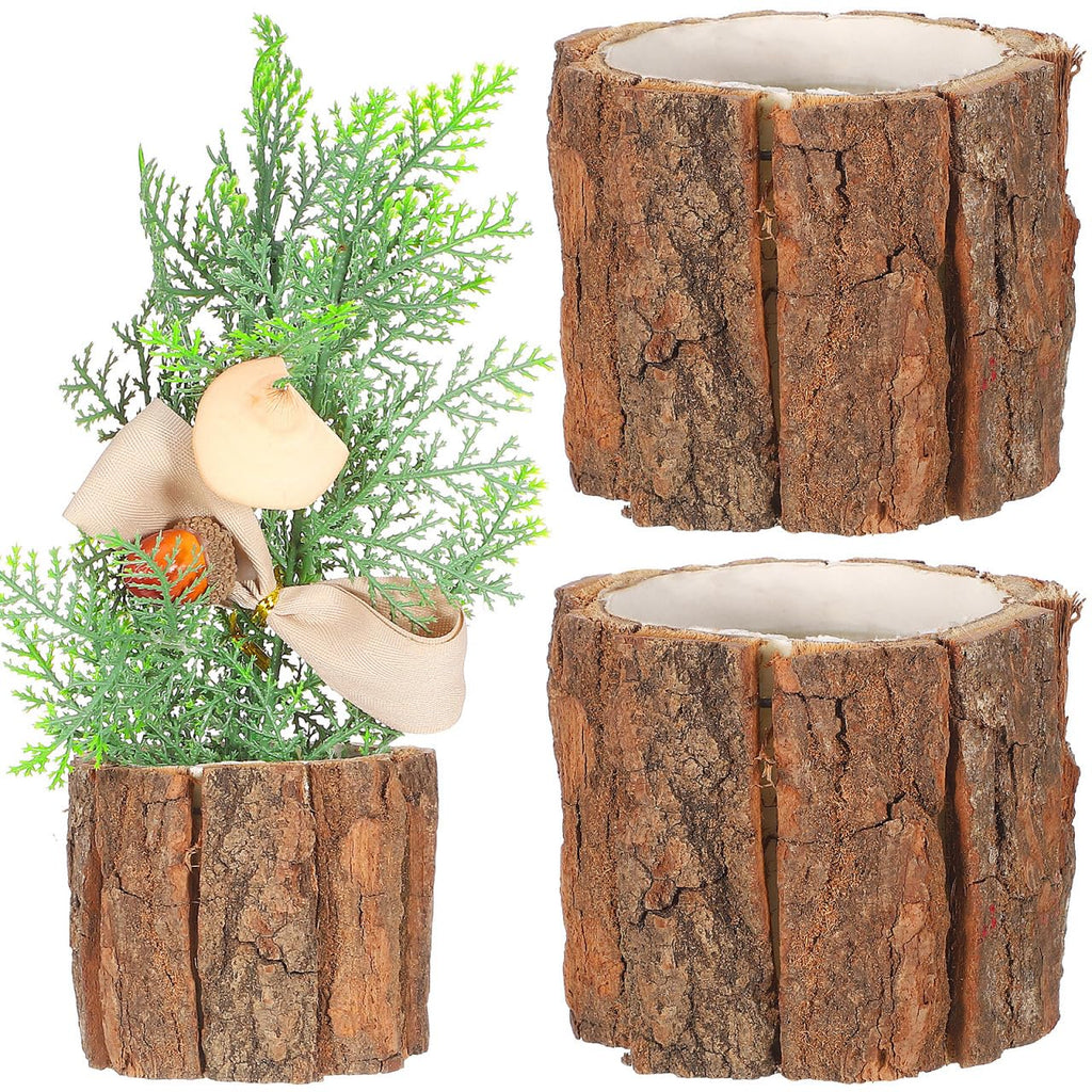Housoutil Wooden Vase for Centerpieces, 3 Pack Wood Flower Vase Rustic Tree Stump Planter Pots, Wooden Bark Flower Bucket for Wedding, Farmhouse Christmas Table Decor, Round Bark Stump Pots （9cm*8cm）