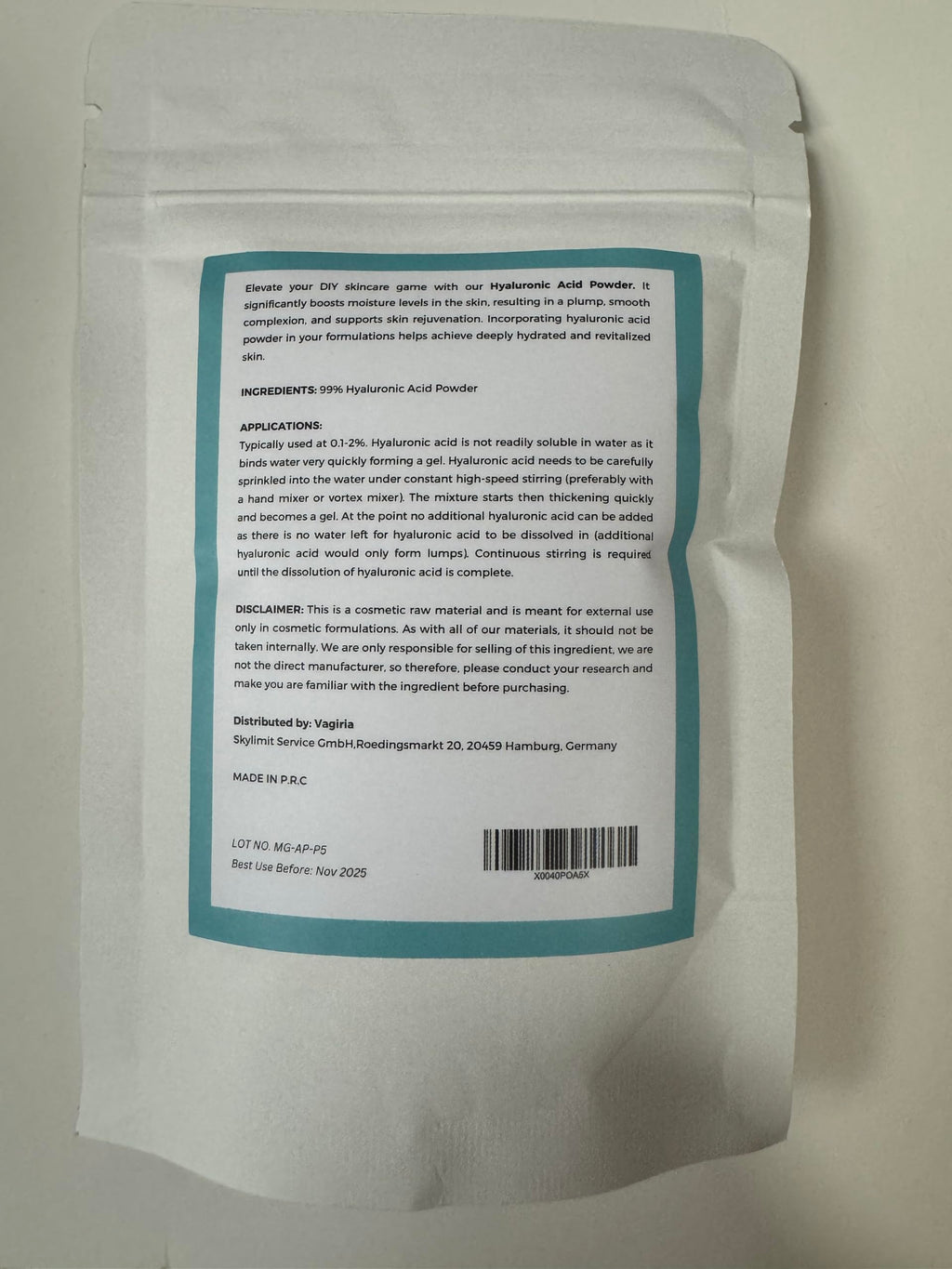Vagiria Hyaluronic Acid Powder for DIY Skincare - 99% Purity, Ultimate Moisturizer, Smoother Skin, Wrinkle-Reducing Elixir, Perfect for Post-Peel Care